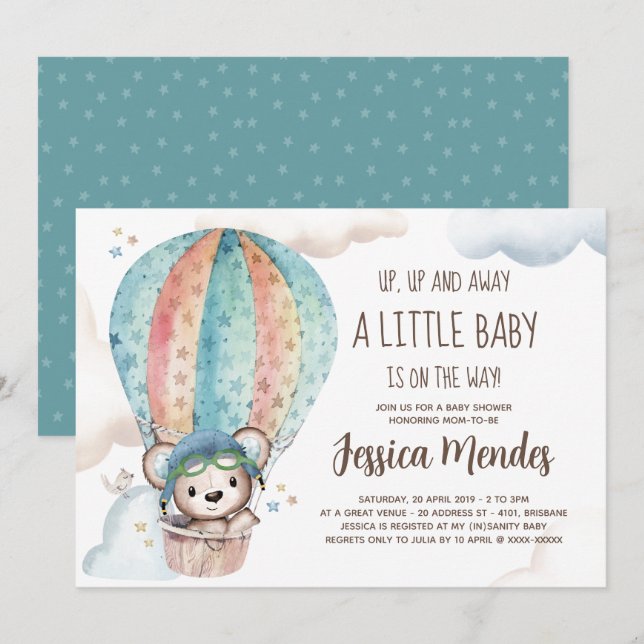 Invitation Aquarelle Sexe Neutre Baby shower Ours Teddy (Devant / Derrière)