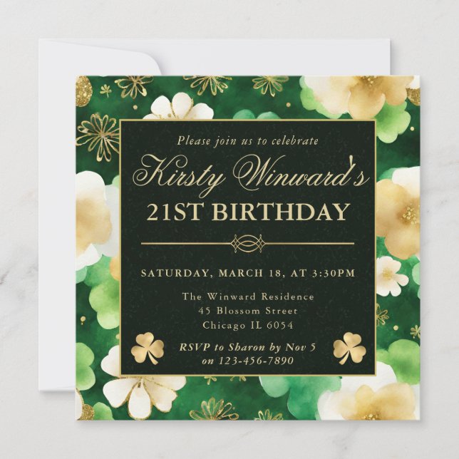 Invitation Aquarelle Shamrock Vert & Or 21e Anniversaire (Devant)