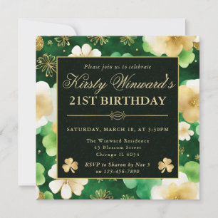Invitation Aquarelle Shamrock Vert & Or 21e Anniversaire