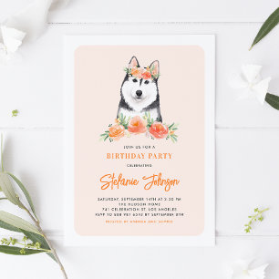 Invitation Aquarelle Sibérie Husky Pêche Florale Anniversaire