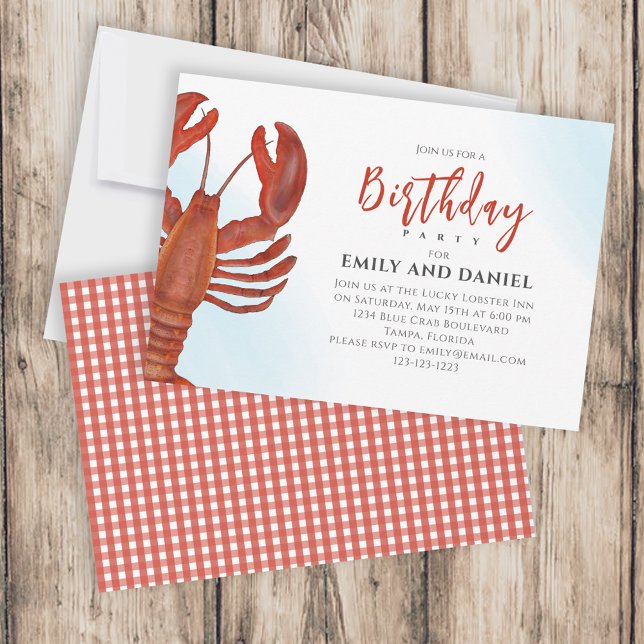 Invitation Aquarelle Simple Anniversaire Rouge Homard Côtier (Créateur téléchargé)