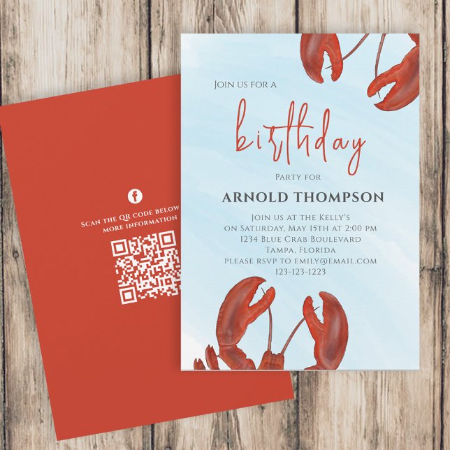 Invitation Aquarelle Simple Birthday Red Lobster Code QR (Créateur téléchargé)