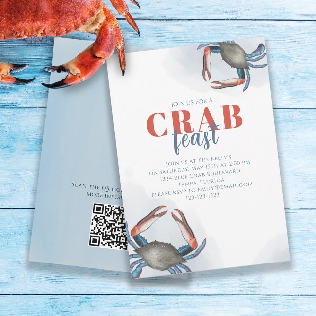 Invitation Aquarelle Simple Crabe Bleu Fête Code QR (Créateur téléchargé)