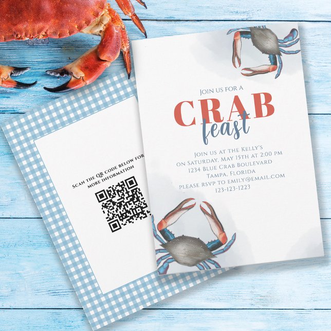 Invitation Aquarelle Simple Crabe Bleu Fête Code QR (Créateur téléchargé)