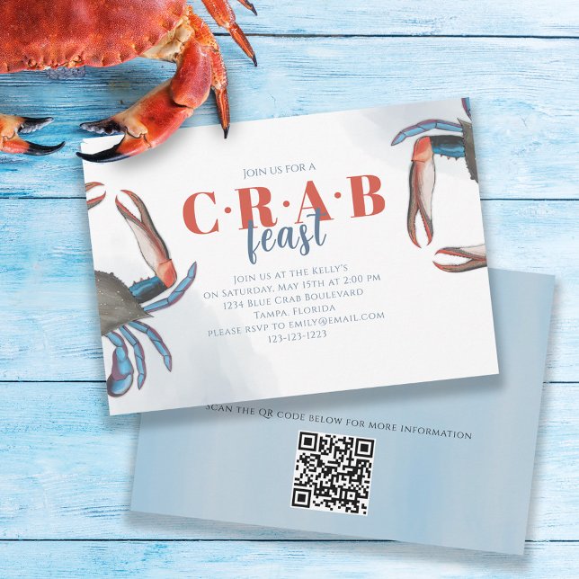Invitation Aquarelle Simple Crabe Bleu Fête Code QR (Créateur téléchargé)