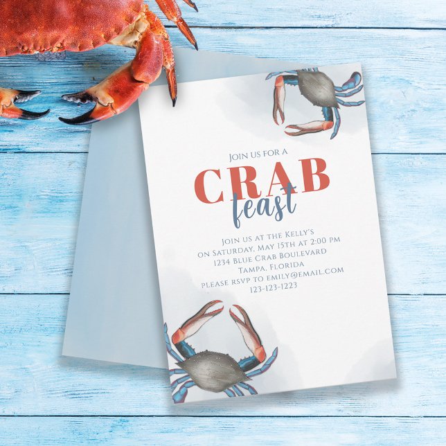 Invitation Aquarelle Simple Crabe Bleu Fête Ocean Party (Créateur téléchargé)