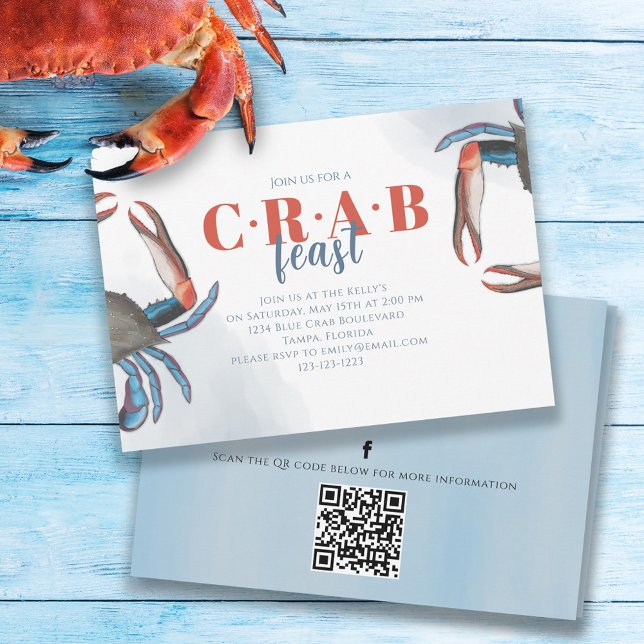 Invitation Aquarelle simple Crabe bleu QR Code Médias sociaux (Créateur téléchargé)