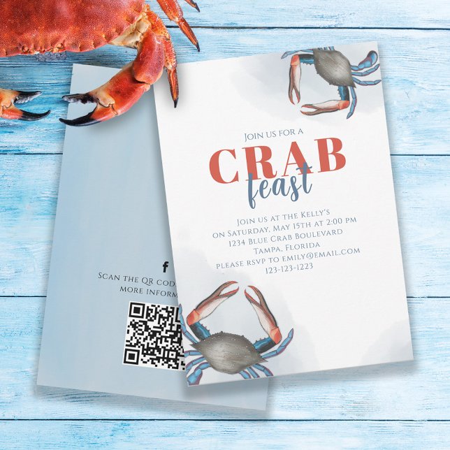 Invitation Aquarelle simple Crabe bleu QR Code Médias sociaux (Créateur téléchargé)