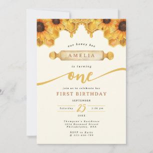 Invitation Aquarelle simple Miel Bee Tournesol 1er anniversai