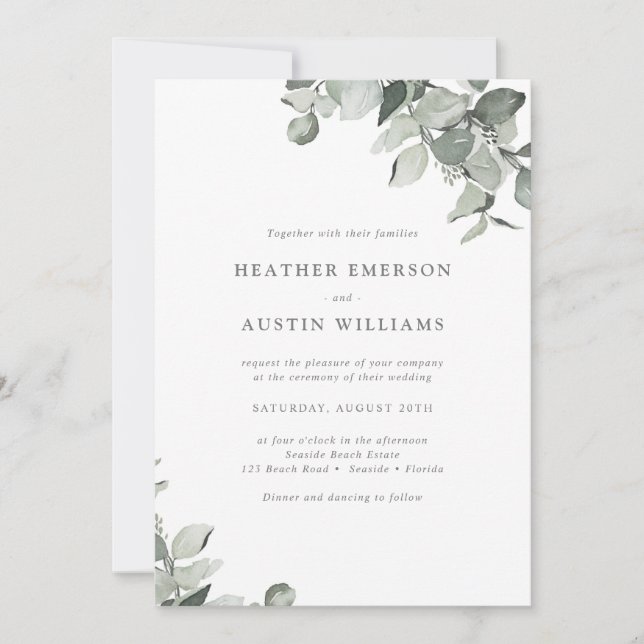 Invitation Aquarelle simple moderne Mariage Eucalyptus (Devant)