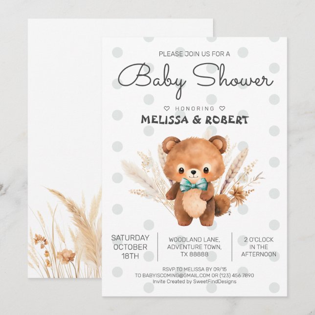Invitation Aquarelle simple Ours bébé Garçon Douche (Devant / Derrière)
