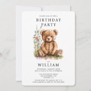 Invitation Aquarelle simple Ours en peluche Anniversaire