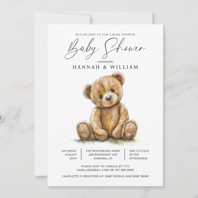 Invitation Aquarelle simple Petit Baby shower d'ours (Devant)