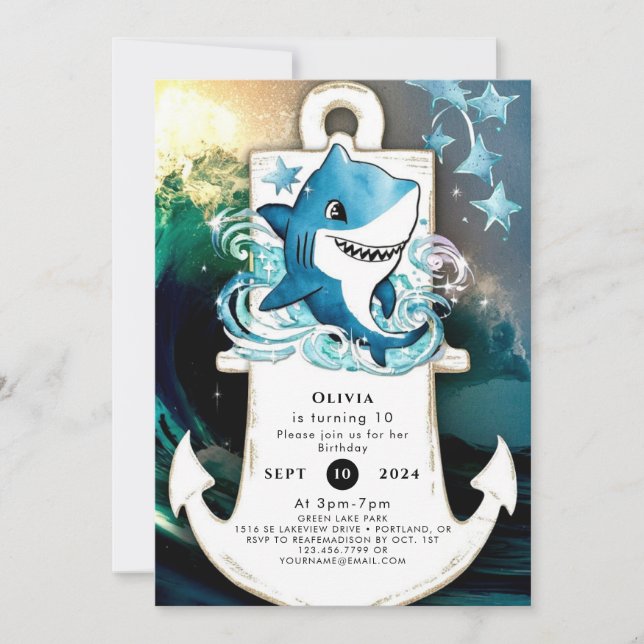Invitation Aquarelle Simple requin pour enfants Anniversaire (Devant)