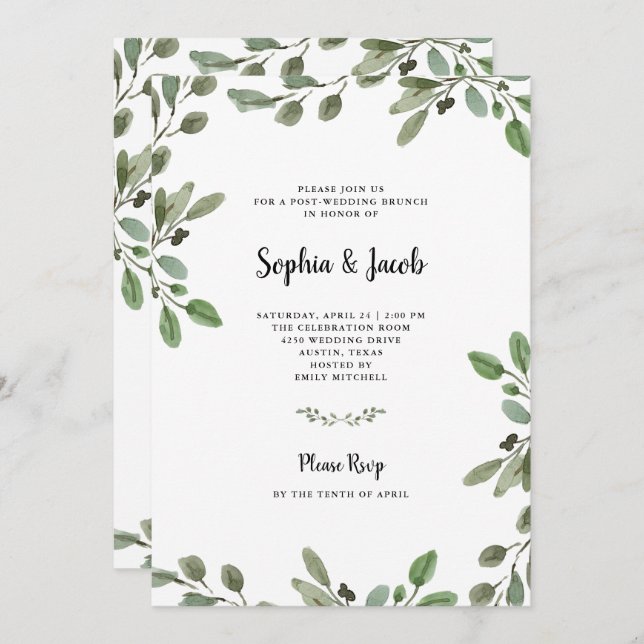 Invitation Aquarelle simple Verdure| Brunch Mariage (Devant / Derrière)