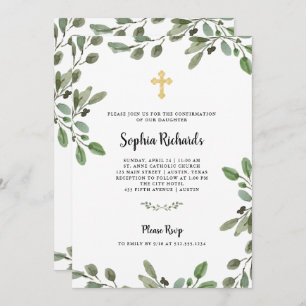 Invitation Aquarelle simple Verdure et or  Confirmation