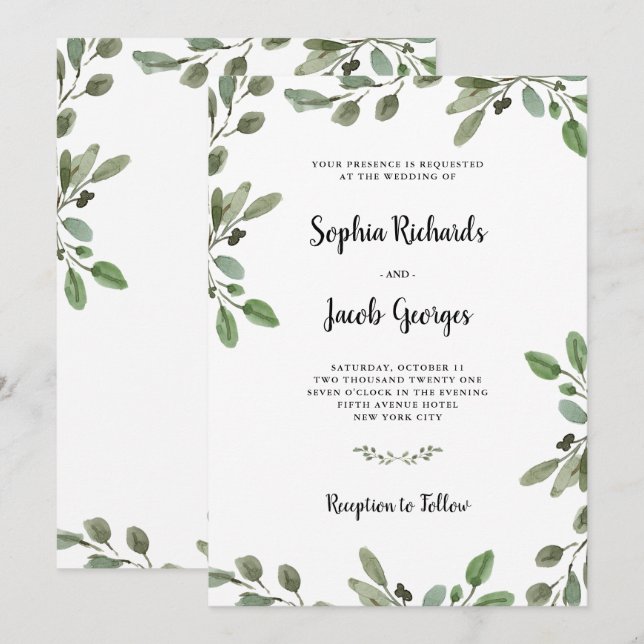 Invitation Aquarelle simple Verdure| Mariage élégant (Devant / Derrière)