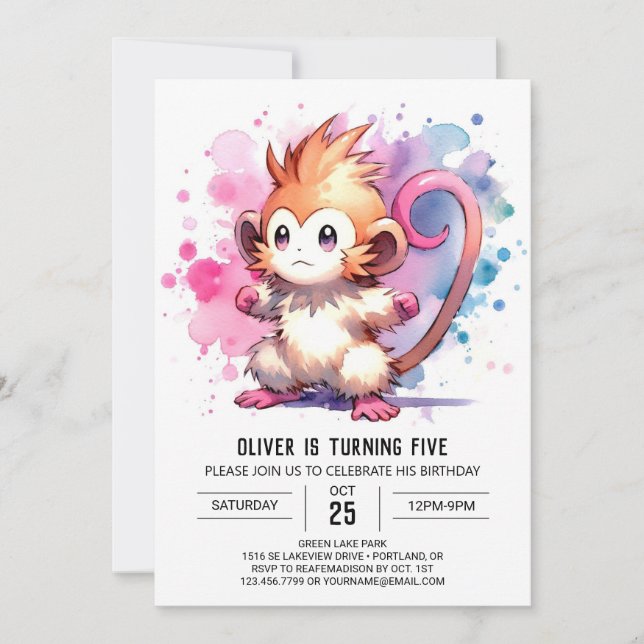 Invitation Aquarelle Singe rustique Anniversaire (Devant)