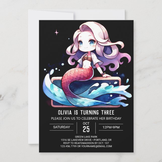 Invitation Aquarelle Sirène marine Anniversaire (Devant)