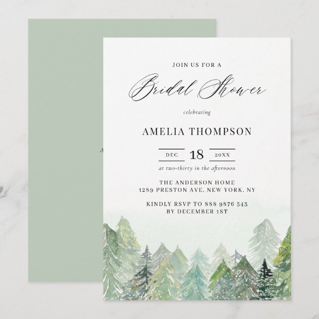 Invitation Aquarelle Snowland Fête des mariées d'hiver (Devant / Derrière)