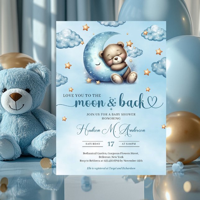 Invitation Aquarelle somnolent bébé ours bleu lune or étoiles (love you to the moon and back - boy baby shower invitation)