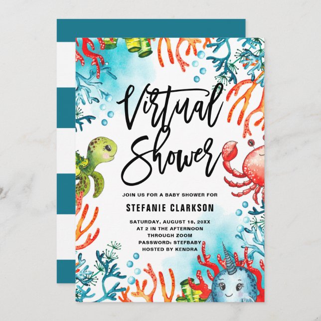 Invitation Aquarelle sous la mer Baby shower virtuel (Devant / Derrière)