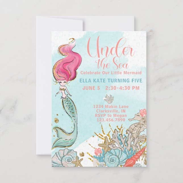 Invitation Aquarelle sous la mer Sirène fête d'anniversaire (Devant)