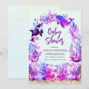 Invitation Aquarelle sous la mer violet Baby shower fille