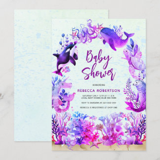 Invitation Aquarelle sous la mer violet Baby shower fille