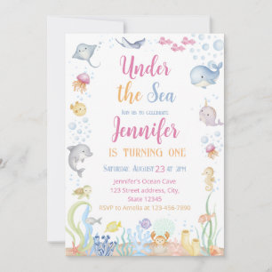 Invitation Aquarelle Sous l'Océan Fille Premier Anniversaire