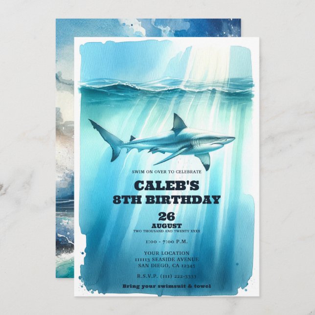 Invitation Aquarelle sous-marine Fête d'anniversaire du requi (Devant / Derrière)