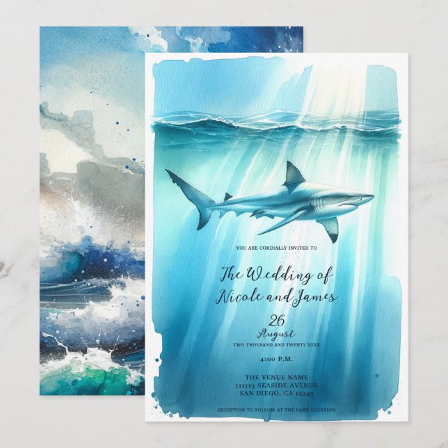 Invitation Aquarelle sous-marine Ocean Shark Aquarium Mariage (Devant / Derrière)