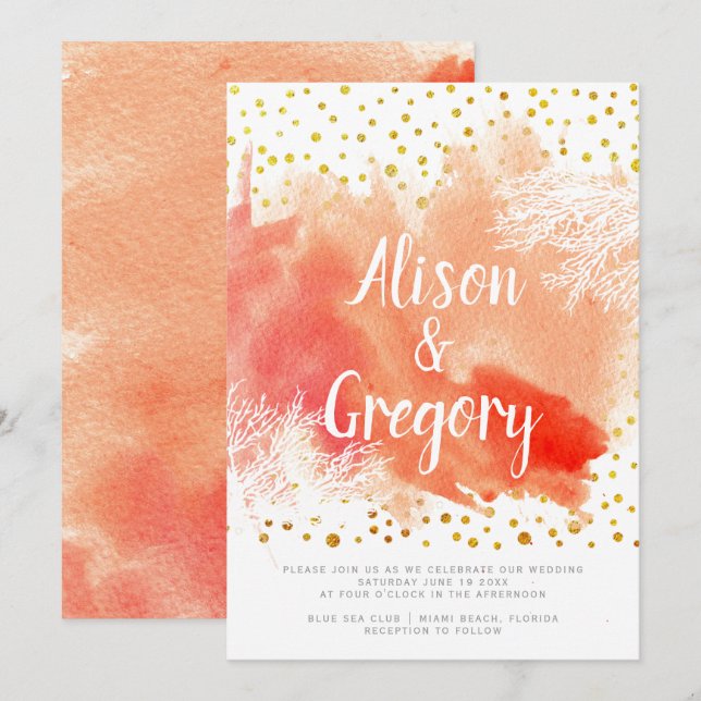 Invitation Aquarelle splash corail récif or confetti mariage (Devant / Derrière)