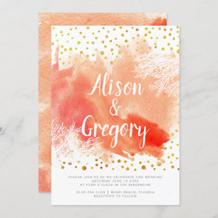 Invitation Aquarelle splash corail récif or confetti mariage