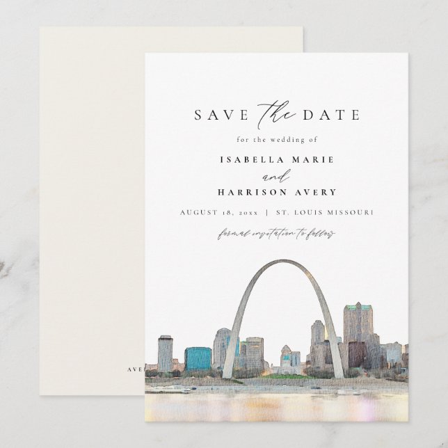 Invitation Aquarelle St Louis Arch Mariage Enregistrer la dat (Devant / Derrière)