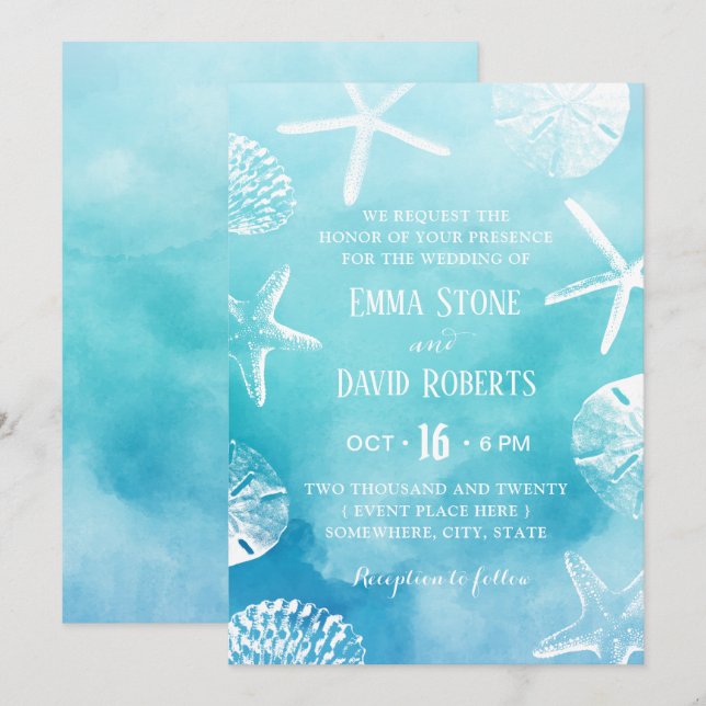 Invitation Aquarelle Starfish & Seashells Beach Wedding (Devant / Derrière)