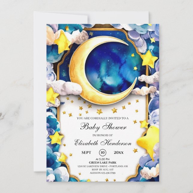 Invitation Aquarelle Stars Baby shower céleste (Devant)
