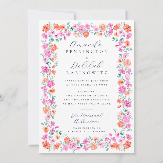 Invitation Aquarelle stylisée Cadre Floral Feminine Mariage (Devant)