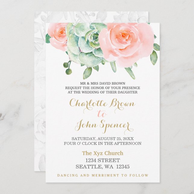 Invitation Aquarelle Succulent Blush Floral Élégant Mariage (Devant / Derrière)