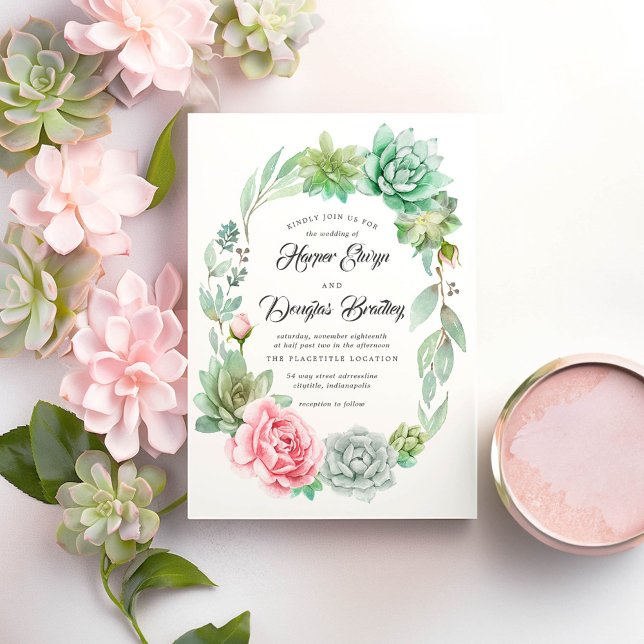 Invitation Aquarelle Succulent Floral Bloom Rustique Mariage (Pink Floral Succulents Wreath Wedding Invitations)