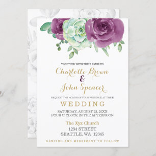 Invitation aquarelle succulent prune rose mariage