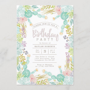 Invitation Aquarelle Succulente du jardin Anniversaire