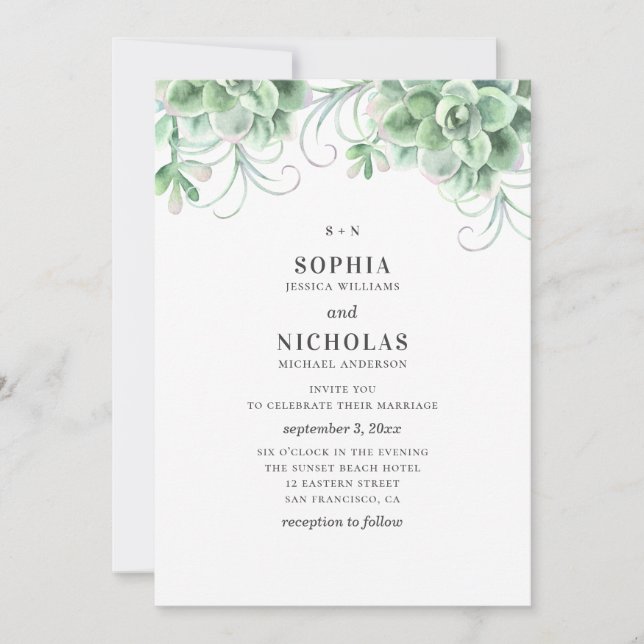 Invitation Aquarelle succulente. Mariage de cactus verdoyant (Devant)