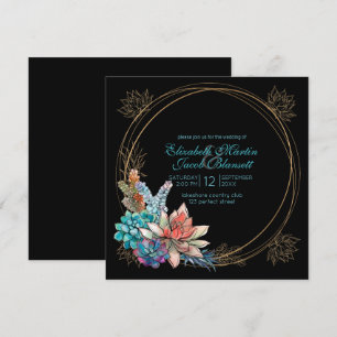 Invitation Aquarelle Succulente, Mariage noir turquoise