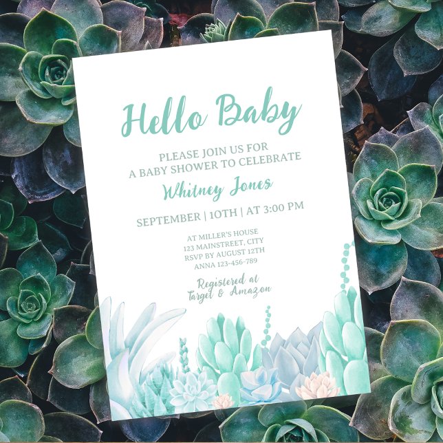 Invitation Aquarelle Succulente Monnaie Baby shower Garçon ve (Succulent Watercolor Mint Green Boy Baby Shower Invitation)