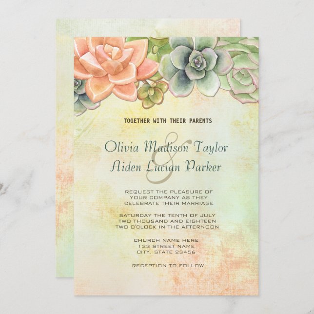 Invitation Aquarelle Succulente Pêche Mariage Florale (Devant / Derrière)