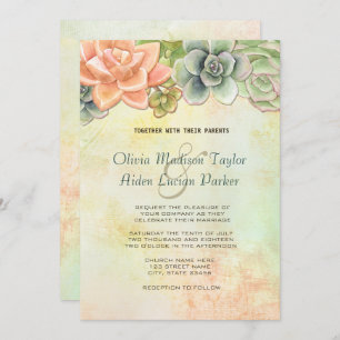 Invitation Aquarelle Succulente Pêche Mariage Florale