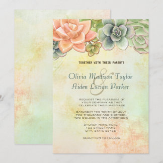 Invitation Aquarelle Succulente Pêche Mariage Florale