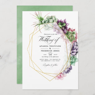 Invitation Aquarelle Succulente photo Mariage géométrique