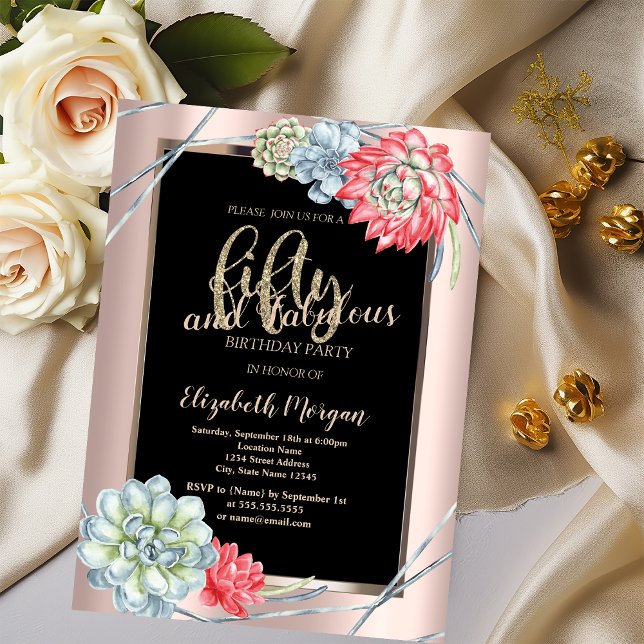 Invitation Aquarelle Succulentes Rouges Rose Gold 50e Anniver (Créateur téléchargé)